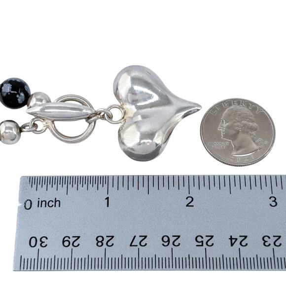 Estate Sterling Silver 925 Snowflake Obsidian Heart Toggle Necklace 18" - Picture 7 of 8